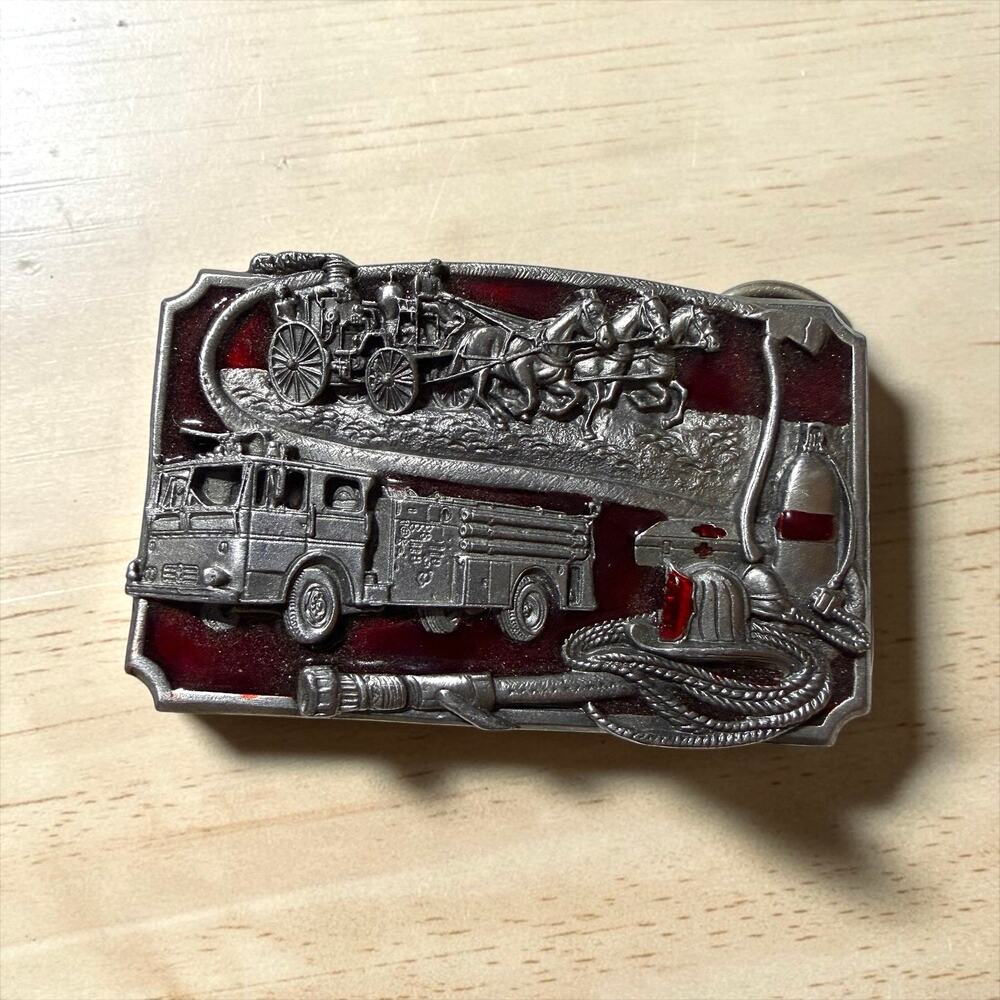 Vintage 1985 Siskiyou Firefighter Belt Buckle Horse Fire Truck Oregon